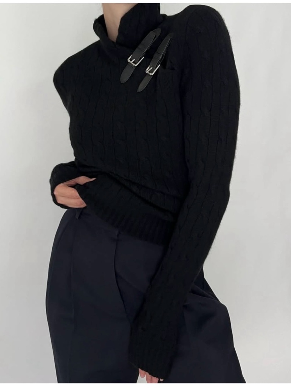 Vintage Ralph Lauren Black Label Noir Pure Cashmere Cable Knit Sweater Sz Small